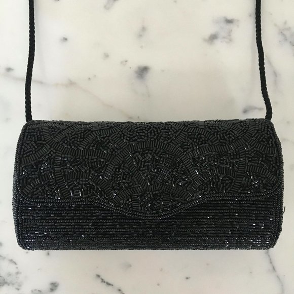 Vintage Black Bugle Bead Evening Bag Clutch MINT - Picture 7 of 10